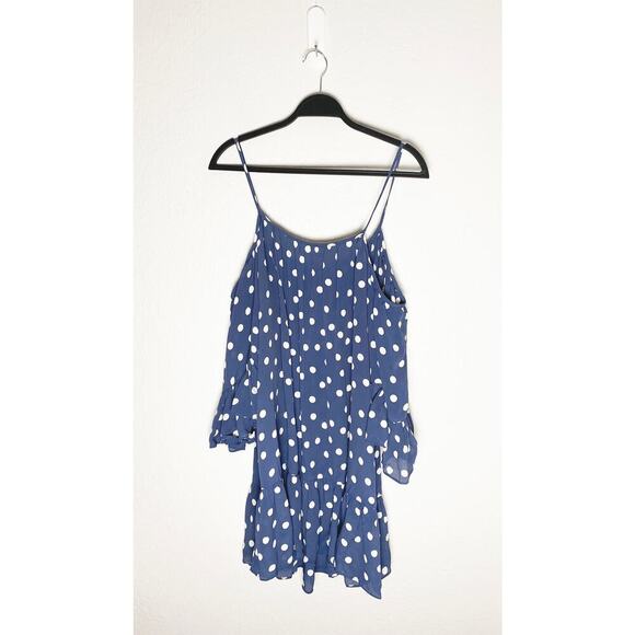 Tularosa Women's Hattie Dress Cold Shoulder Tier Ruffled Mini Blue White Ink Dot - Picture 5 of 10